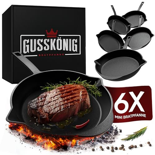 Gusskönig Bratpfanne Gusseisen (6er Set) - Gusseisenpfanne klein Ø 13,5 cm - 6x kleine Pfanne Gusseisen -eingebrannte Gusseisenpfanne Grill