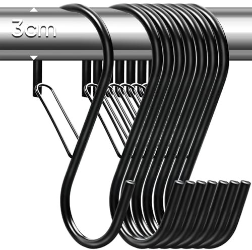 16 Pezzi Ganci a Forma di S con Sistema Anticaduta, Ganci a S Pesanti in Metallo Resistente, Ganci a Forma di S Multifunzionale per Cucina Camera da Letto Bagno Giardino Ufficio (nero)
