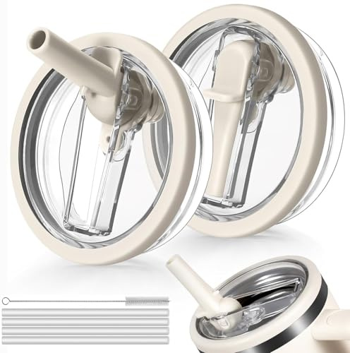 Padonco 2 PCS 40oz Flip Straw Leak Proof Cup Lid forStanley H2.0 Quencher, Lid Replacement 40 oz forStanley Cup Accessories ProTour, Spill Proof StrawCover for Travel, Gym, Daily Use (Beige)