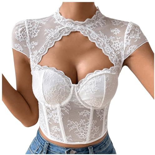 Generisch Top de verano para mujer con encaje para mujer, elegante corsé con mangas acampanadas, blusa de encaje para Oktoberfest, Blanco, S