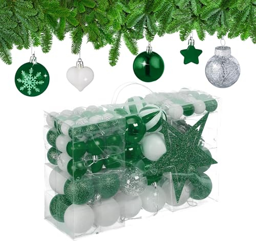 Relaxdays Weihnachtskugeln 101er Set, Kunststoff, Weihnachtsbaumdeko Kugeln & Spitze, Christbaumschmuck, dunkelgrün/weiß