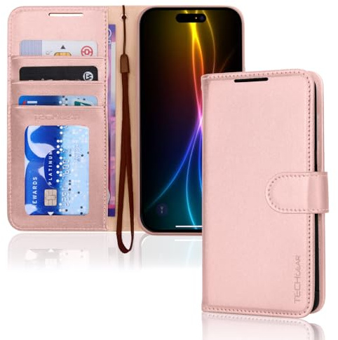 TECHGEAR Plånboksfodral i PU-läder för iPhone 17 med RFID-blockering, korthållare och kontanter, ställ, handledsrem, magnetisk stängning, PU-läder för Apple iPhone 17, 6,1 tum, rosa