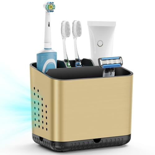 Toothbrush and Toothpaste Holder with Drainage, Black Gold Detachable Tooth Brush Holder for Bathroom Sink, Family Size 4 Slots Electric Toothbrush Holder with Non-slip Design