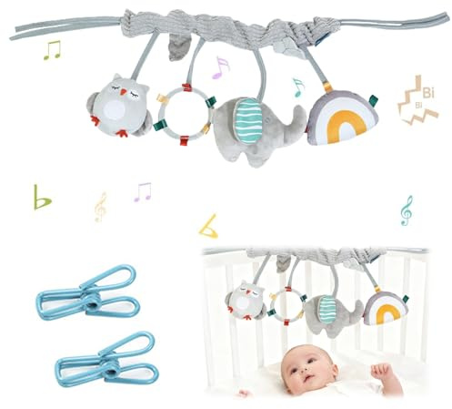 HORREX Chaîne d’Activités Animaux Mignons Chaîne de Poussette Baby Comprend 2 Pinces multifonctionnelles, La Poupée Peut Emettre des Sons, À Suspendre pour Poussette, Siège Auto Dès 0+ Mois