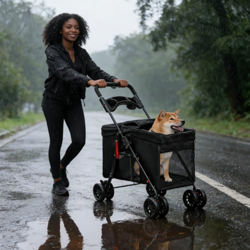 Poussette buggy pliable chien chat panier rangement porte-gobelets tissu 300D Oxford imperméable 4 roues, Animaux Voyage Poussette pour Chien,(C) 95 x 75 x 49 cm - Noir