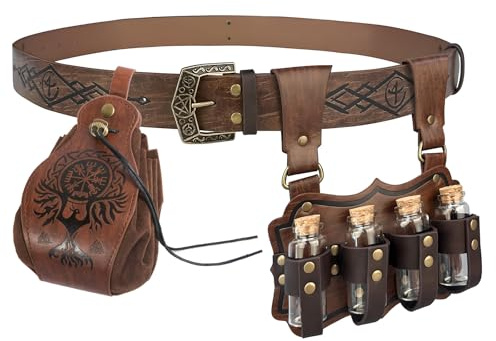 TiGog medeltida bälte alkemister set med midjeväska och flera dryckesflaskor, viking bältesväska präglat konstläder, fantasy, trollkarlsdryck, flaskor för cosplay, karneval