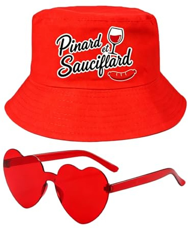 Bob Homme en Set 2 Pièces Rouge Humour Toujours, Lunettes Coeur Rouges, Chapeau de Fête Ajustable, Alternative Drôle au bob cochonou Un Accessoire Amusant pour Festival Et Plage