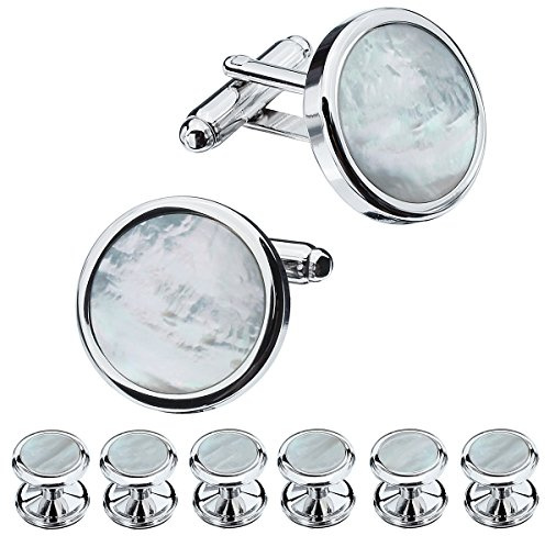 HAWSON Mother of Pearl Man Tuxedo Shirt Studs and Cufflinks Set for Wedding Business (Silver or Gold Tone)