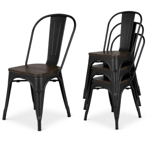 Kosmi Lot de 4 Chaises Industrielles Factory avec Assise en Bois Naturel – Chaises de Salle à Manger, Cuisine et Bureau – Structure Métal Noir Mat – Empilables – Style Loft Vintage
