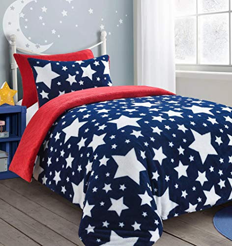 HOMES-LINEN Teddy Star Fleece Duvet Cover Set Soft Cosy Warm Kids Star Teddy Bear Bedding Set (Navy & Red, Single)