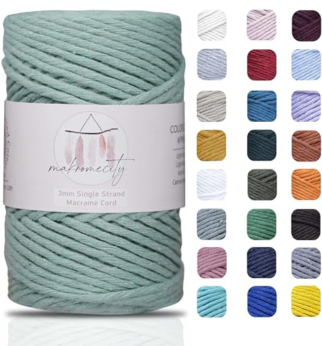 Makromecity, Cordoncino macramè a filo singolo, 3 mm x 100 m, 3 mm, in cotone crespo, verde, per macramè, arte e artigianato, da appendere alla parete, filo di cotone riciclato (verde crêpe, 1