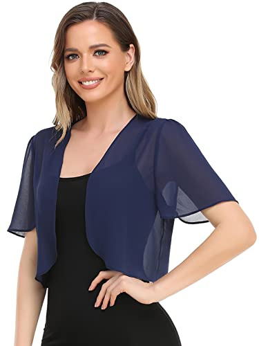 Women Bolero Shrug Soft Chiffon Open Front Sheer Short Sleeve Cropped Cardigans for Evening Dress, Navy Blue, Large