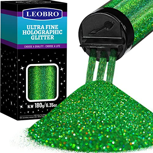 LEOBRO Holographic Ultra Fine Green Glitter Powder, 1/128 Resin Glitter Sequins Flakes for Hair, Face, Body, Art, Crafts, Silver