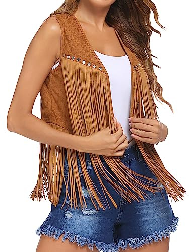 YILEEGOO Women Tassel Fringe Vest 70s Hippie Faux Suede Rivets Sleeveless Jacket Cardigan Tops (Khaki, M)