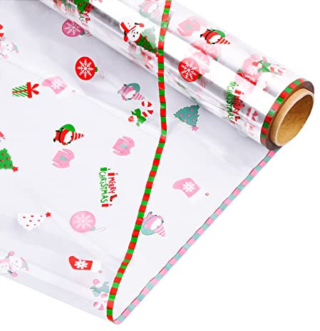 Jinlaili 40CM x 30M Geschenkfolie Transparent, Zellophanfolie Weihnachten, Klares Cellophan Rolle, Blumenfolie Klarsichtfolie, Cellophanfolie Dick, Geschenkpapier für Blumen Geschenk Körbe Weihnachts