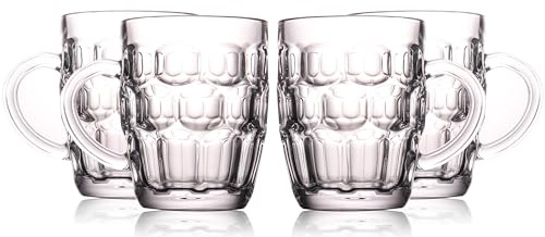 BothEarn 1 Pint Dimpled Beer Mug Set of 4 - Heavy British Pub Thick Glass with Handle - Stein Cup for Beer Lover in Home Party BBQ