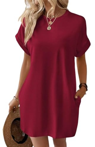 Earnmore Abito T-Shirt a Maniche Corte, Abiti Estivi da Donna a Maniche Corte con Tasche Abito T-Shirt Semplice e Solido con Tasche