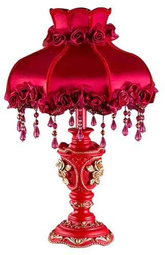 kaixunl Lampe victorienne antique avec franges et dentelle, rouge, lampe de table vintage en tissu avec abat-jour, table de chevet pastorale européenne en forme de vase pour chambre à coucher, salon