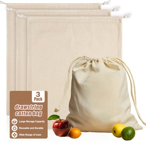 Cotton Storage Bags With Drawstrings - Rainflow 3 Pack 15x17 Inch Reusable Produce Bags Cotton Produce Bags Washable Muslin Storage Bags for Fruit Onion Storage Clothes Shopping Home Supplies