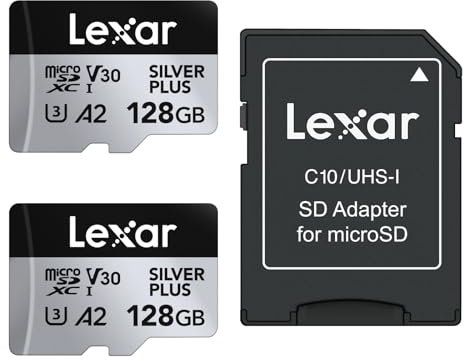 Lexar Tarjeta Micro SD 128 GB Silver Plus Paquete de 2, Tarjeta de Memoria Micro SD con Adaptador, Tarjeta Microsdxc TF hasta 205 MB/s, A2 U3, Clase 10, V30, Full HD y 4K UHD para Cámara, Videoconsola