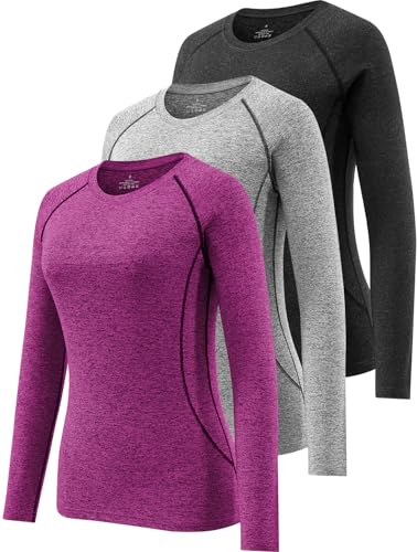 Ullnoy Women Long Sleeve Thermal Workout T Shirt 3 Pack Black/Grey/Rose L