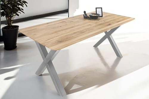 SAM Esstisch 160 x 85 cm Lotte, Eichenholz massiv & geölt, Esszimmertisch mit Schweizer Kante/runde Ecken, X-Gestell aus Metall Silber, pflegeleichter Holztisch