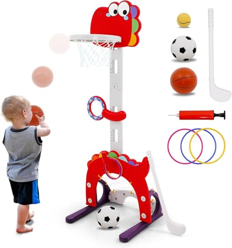 Toddler Basketball Hoop for Kids 1-3 4-8 Indoor Outdoor, 4 in 1 Multifunctional Adjustable Basketball Hoop Set, Basketball, Golf, Ring Toss, Ball Toss