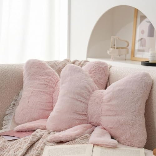 Weiche,pelzige Kissen mit Schleife,süßes Plüschkissen mit Schleife als Heimdekoration, Kissen mit Schleife zum Valentinstag,gefülltes dekoratives Kissen mit Schleife aus Plüsch für Bett und Couc (A)