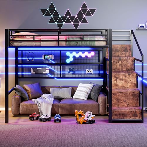 NovaFurnish Letto a soppalco, 140 x 200 cm, telaio in ferro, armadio, scala con spazio di stoccaggio, griglia per appendere oggetti, spazio libero sotto il letto, luci LED a 7 colori, senza materasso