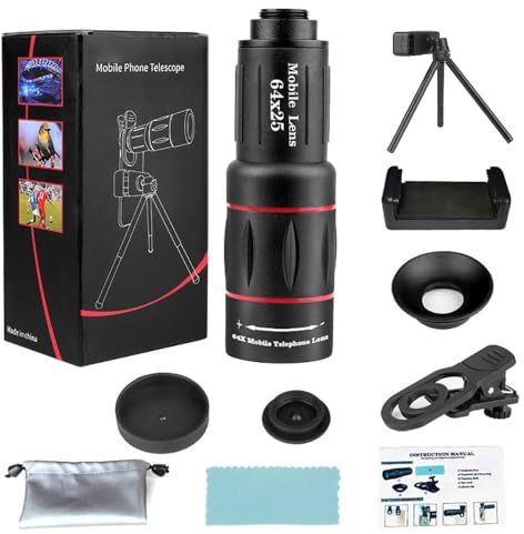 64X Zoom Mobile Phone Telephoto Lens with Tripod & Phone Clamp - HD FMC Monocular Lens for Long Distance Photography, Bird Watching, Sports & Vlogging (Universal Smartphone Lens)