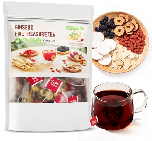 250g Ginseng Five Treasures Tea, 25PCS Natural Liver Cleansing Chinese Herbal Tea, Ginseng, Wolf-berry, Mulberries Tea for Kidney Care for Men and Women