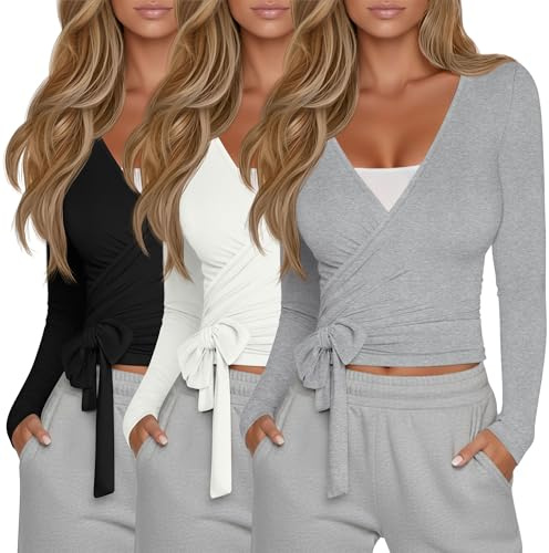 Oakgarden 3 Pack Women's Tie Wrap Tops, Long Sleeve Workout Ballet Yoga Pilates Shirts Deep V Neck Tie Front Y2k Blouses(Black, Beige White, Light Gray,Large)