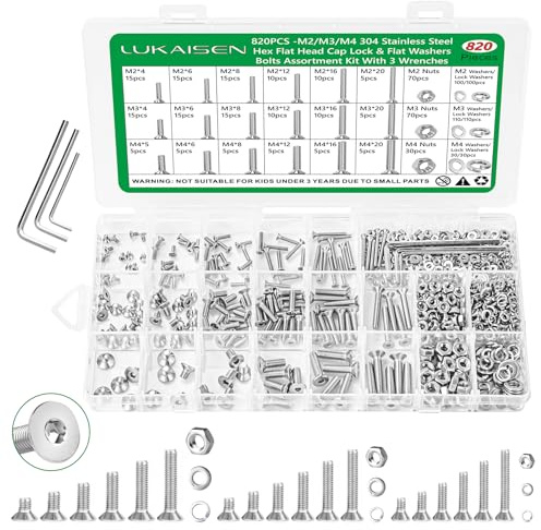 Kit di 820 Pezzi di Viti Metriche a Testa Cilindrica con Innesto Esagonale in Acciaio Inossidabile 304 con Dadi, Rondelle Piane ed Elastiche e 3 Chvi - M2 M3 M4 per 3D e Progetti Fai da Te
