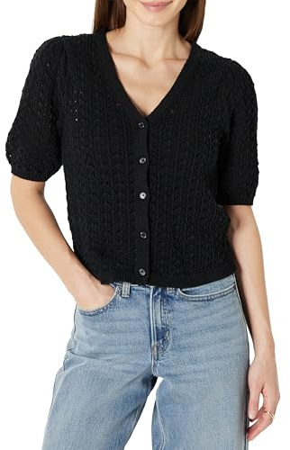 Amazon Essentials Cardigan da Donna a Maniche Corte all'Uncinetto, vestibilità Comoda, Nero, M