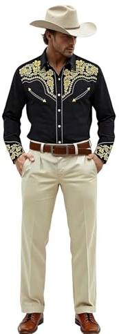 Generic Camicia Uomo Maniche Lunghe Bottonata Stile Western Cowboy Stampata Look Casual per Equitazione Eventi Country All'aperto Look per Uomini', Le Noir-b, XL