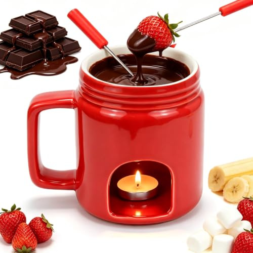 sudatong chokladfondue kopp keramik chokladfondue, choklad fondue mugg set med gaffel – 200 ml mini chokladfondue kopp för choklad ost smör fondue kruka för hem kök älskare