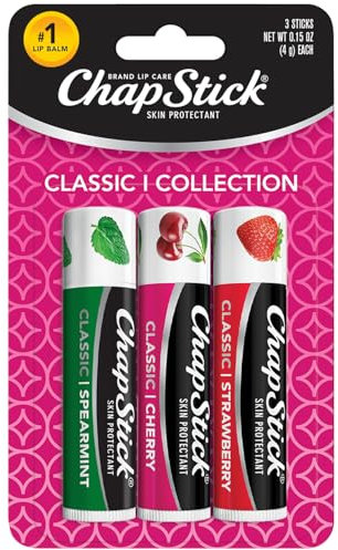Chapstick Classic (3 Sticks) Cherry, Strawberry & Spearmint Flavor Skin Protectant Flavored Lip Balm Tube, 0.15 Oz Each