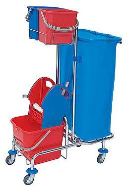 Splast verchromter Putzwagen mit Moppresse, Beutelhalter 120l und Plastikeimern, Variante:mit 2X 6l Eimer