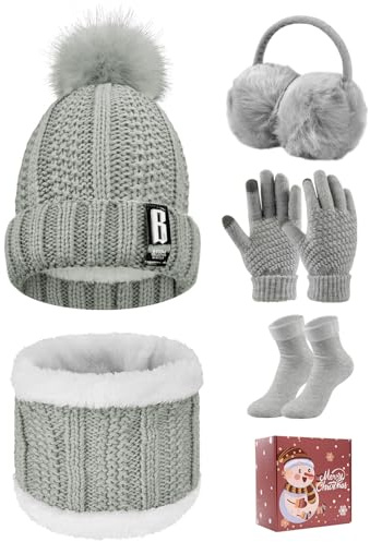 Voqeen 5PCS Womens Winter Scarf Set Knitted Thickend Hat Scarf Set Plush Ear warmers Touch Screen Gloves Thermal Socks For Skiing Outdoor Sports