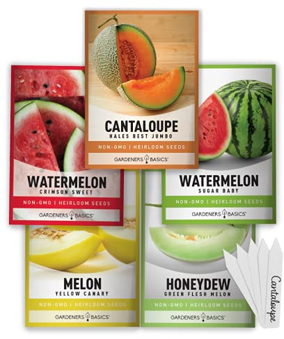 Gardeners Basics, Melon Fruit Seeds for Planting Home Garden 5 Variety Packs - Hales Best Cantaloupe, Crimson Sweet Watermelon, Yellow Canary Melon, Green Flesh Honeydew Melon, Sugar Baby Watermelon