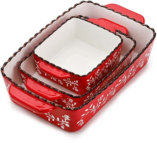AVLA 3 Pack Ceramic Bakeware Set, Porcelain Rectangular Baking Dish Lasagna Pans for Cooking, Kitchen, Casserole Dishes, Cake Dinner, 12 x 8.5 x 6 Inches of Baking Pans, Banquet and Daily Use, Red