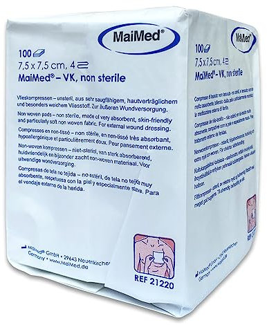 Saxomed Garze non sterili per medicazione 7,5 x 7,5 cm tessuto non tessuto - 100 pezzi garza autoadesiva 4 strati - compresse di garza 7,5 x 7,5 - per ferite esterne