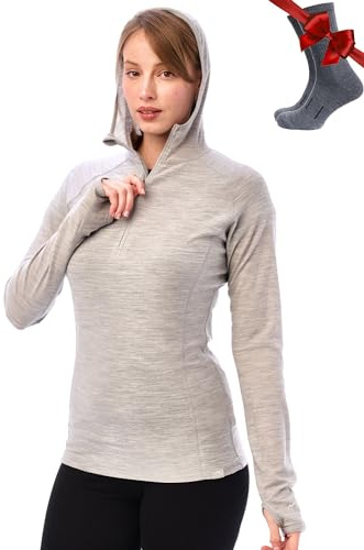 Merino.tech Сapuche Pull Mérinos Femme - Coupe Ajustée 100% Laine Merinos sous Vetement Femme et Сhaussettes (Medium, 190 Heather Grey)