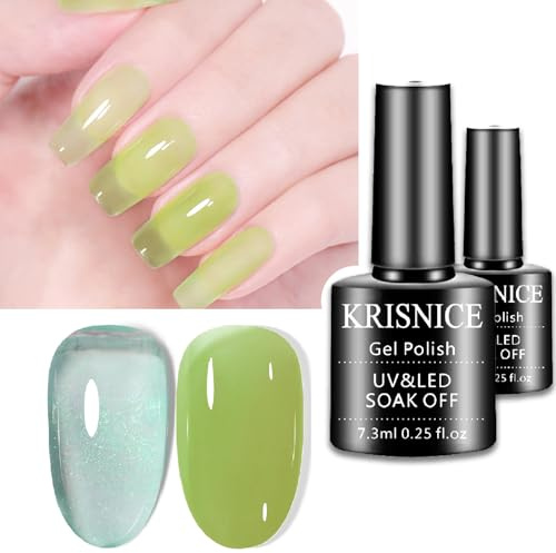 KRISNICE Green Gel Nail Polish Jelly Sheer UV/LED Soak Off Light for Autumn and Winter Glitter Jelly Blue Gel Nail Polish(KCS2-019)
