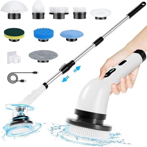 Yorraka Elektrische Reinigungsbürste - 9 in 1 Electric Cleaning Brush, Badezimmerschrubber 2 Geschwindigkeiten, Elektrische Bürste zum Putzen mit Verstellbarem Griff