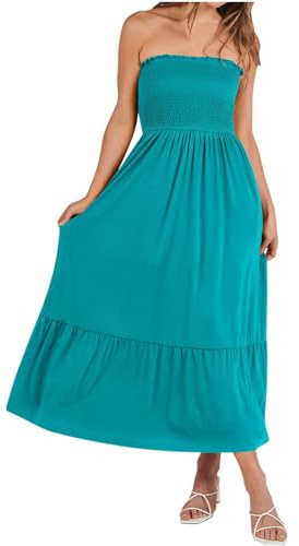 Keepink Strandkleider für Damen, Sommer, trägerlos, Schlauchkleid, Rüschen, gestuft, Maxikleid, gesmoktes Bandeau-Kleid, schulterfrei, Boho-Kleid, lässig, Schlauch-Tops, A-Linien-Kleid, 1 x Blau.,