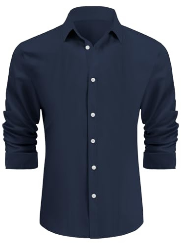 Misfuso Chemise Homme Manches Longues en Couleur Uni Chemise de Business sans Repassage Chemise Homme Décontracté Regular Fit Bleu Foncé L