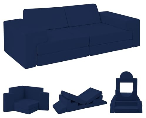 MeMoreCool 12-Pieces Play Sofa Kids Bed, Modular Toddler Chair Couch for Playroom, Fold Out Foam Couch for Girls Boys, Convertible Armchair Children Sofa Sectional Playset, Navy Blue