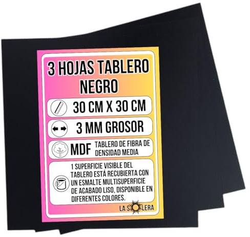 LA SOLERA Pack 3 Hojas Tablero MDF NEGRO | 300 x 300 x 3 mm | Tablero de Fibra de Densidad Media | Manualidades | Pirograbado | Corte Laser | Modelado | Tabla Madera | Corte Limpio Sierra