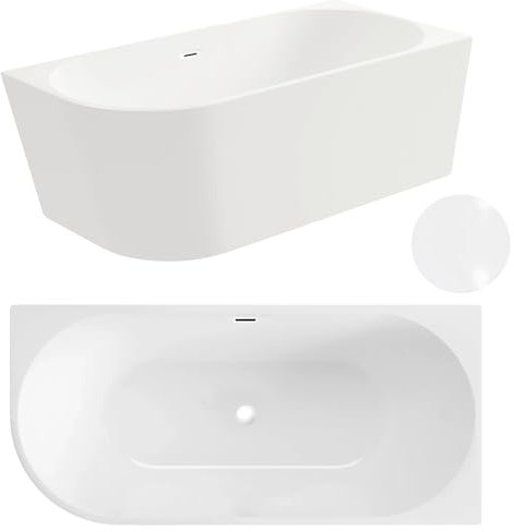 Aquauno - Baignoire d'angle autoportante à droite - 160 x 80 cm - Ovale - En acrylique sanitaire de qualité supérieure - Baignoire en acrylique avec bonde clic-clac, trop-plein, couvercle et bonde